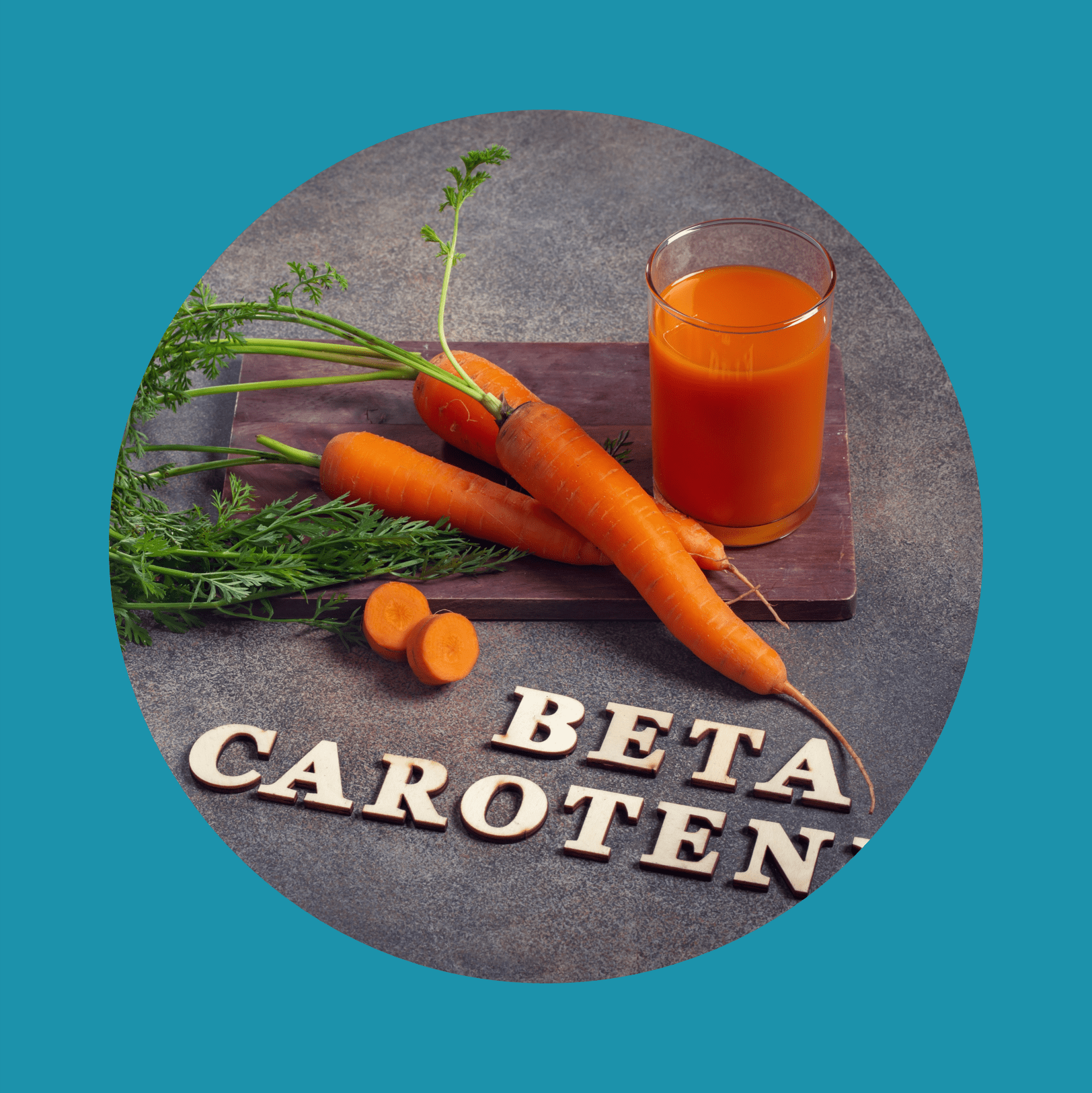 Beta carotene text and carrot juice